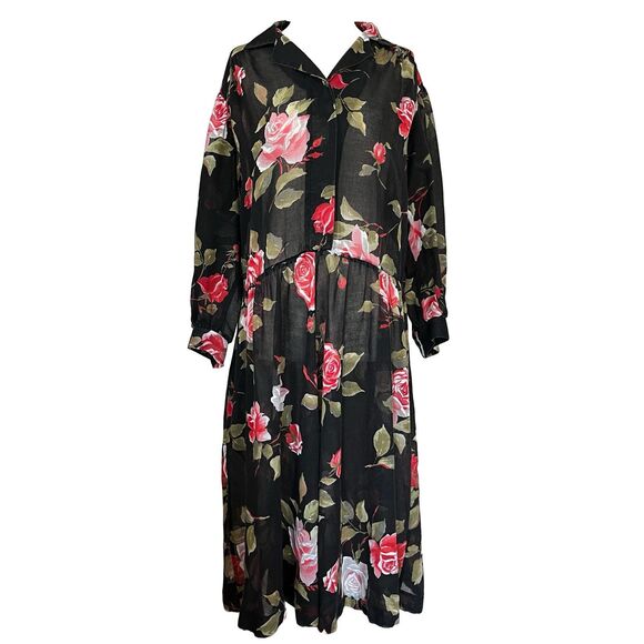 Vintage 1980s Retro Sheer Black Floral Cottagecore Midi Shirt Dress w/Pocket - Picture 11 of 11